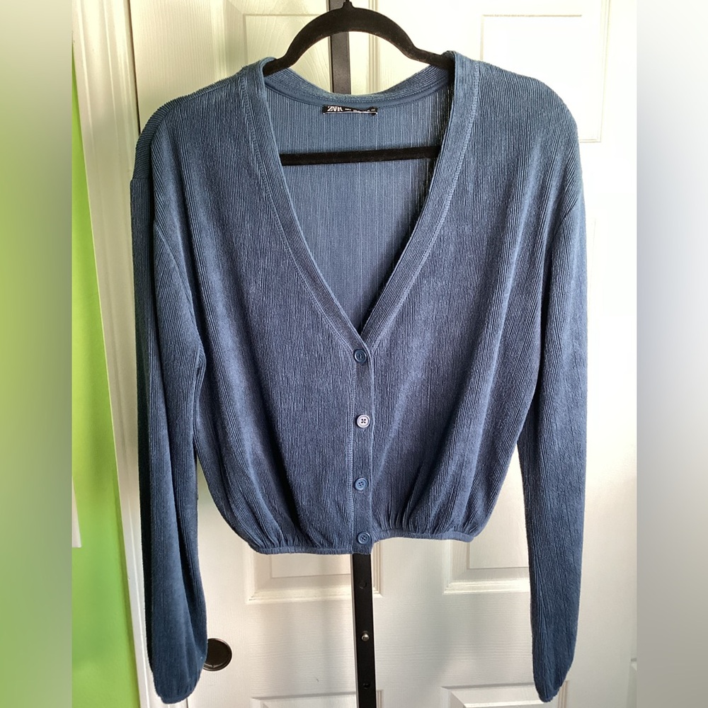 Zara Blue Stretchy Ribbed V-Neck Cardigan Sweater, size Small